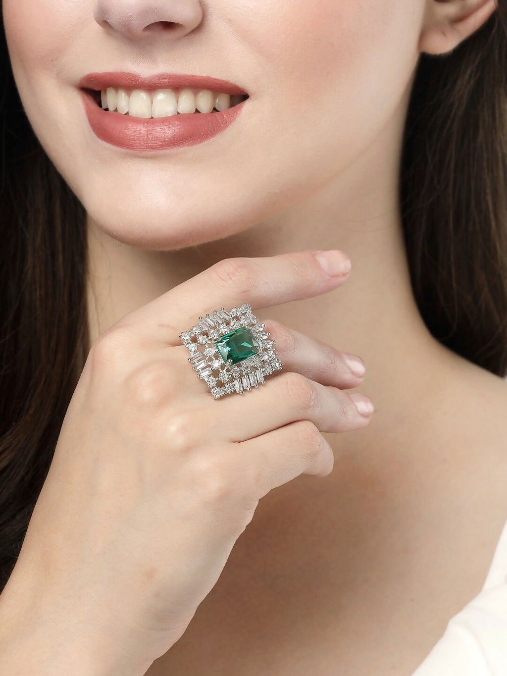 NVR Women's Green & Silver CZ-Studded Square-Shaped Adjustable Finger Ring