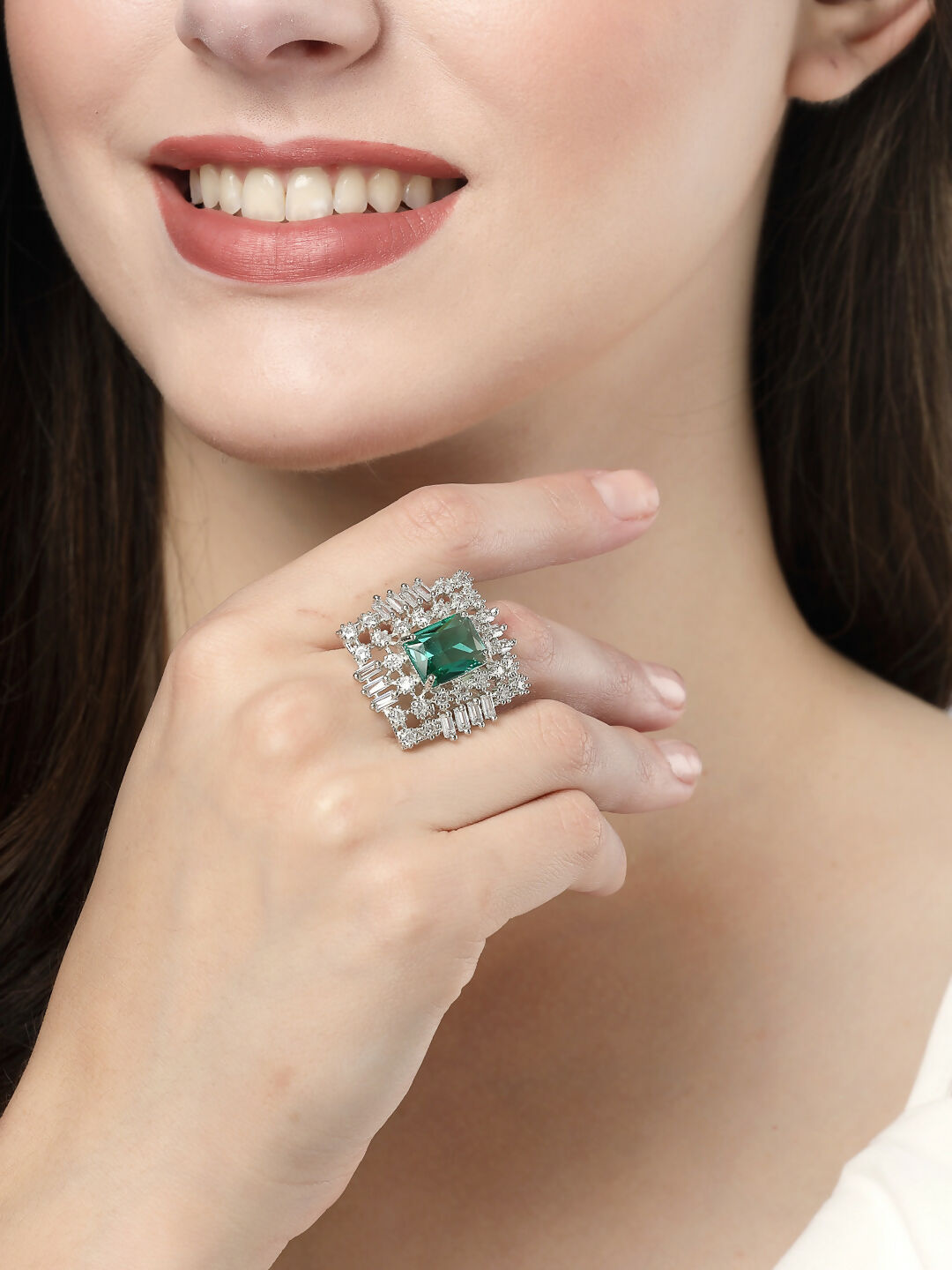 NVR Women's Green & Silver CZ-Studded Square-Shaped Adjustable Finger Ring