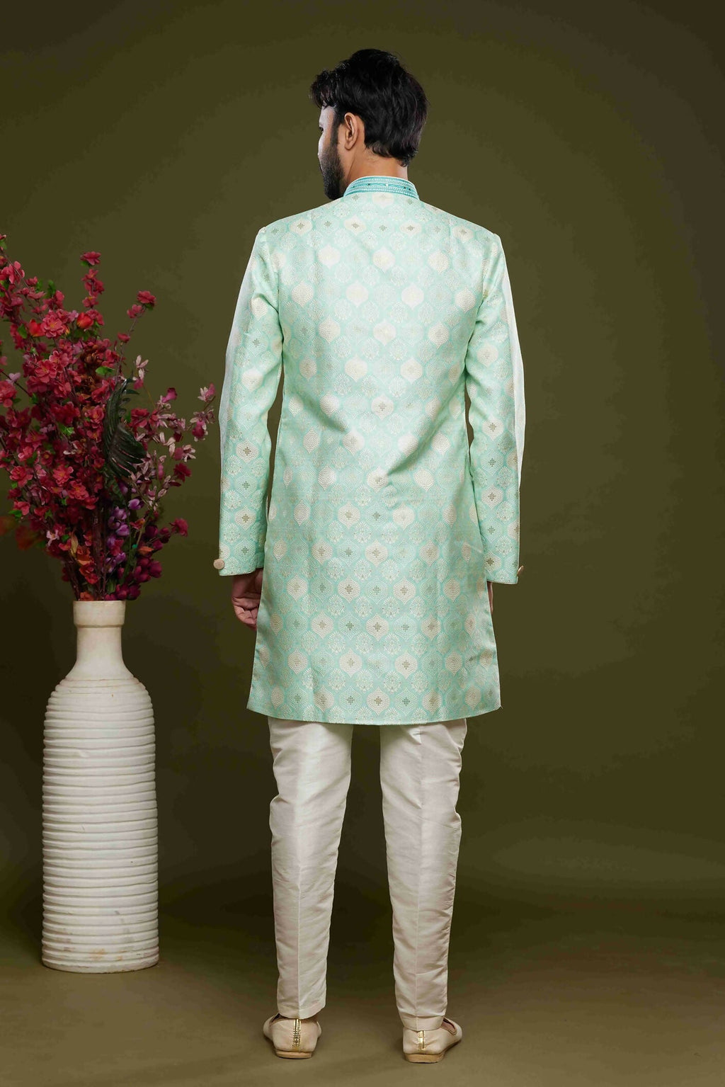 Raivat Ethnic Banarasi Jacquard Embroidery Semi Indo Western Sherwani In Pista Green Colour