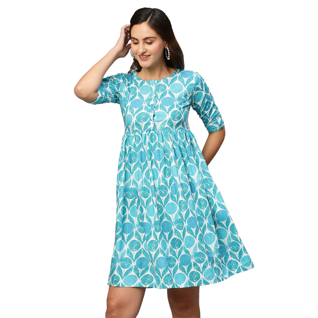 Blue & White Ethnic Motifs Printed Cotton A-Line Dress - Poonam - Distacart