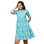 Blue & White Ethnic Motifs Printed Cotton A-Line Dress - Poonam - Distacart