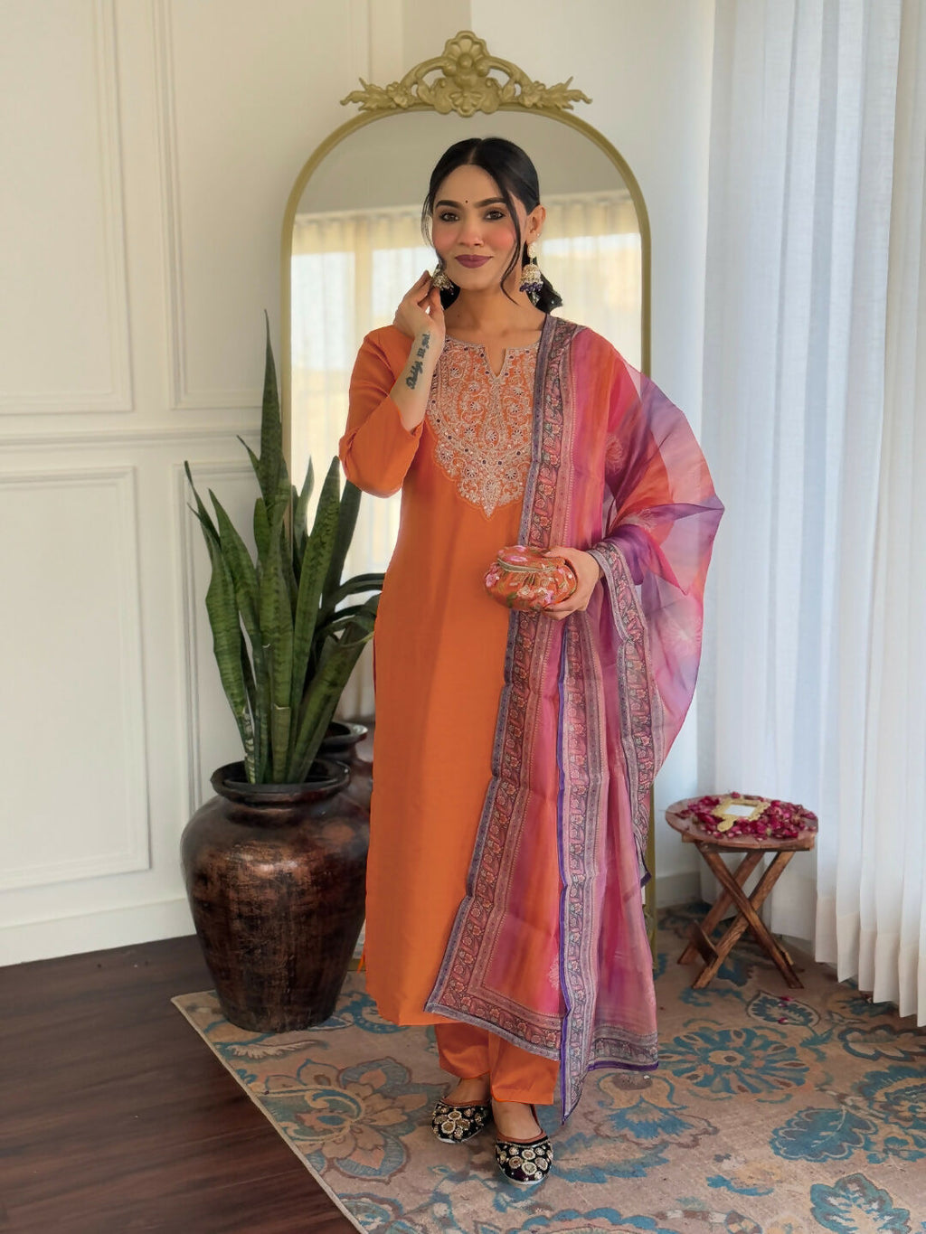 The52 Orange Women's Gorgeous Embroidered Rayon Fabric with Straight Kurta, Pant and Dupatta Set - Distacart
