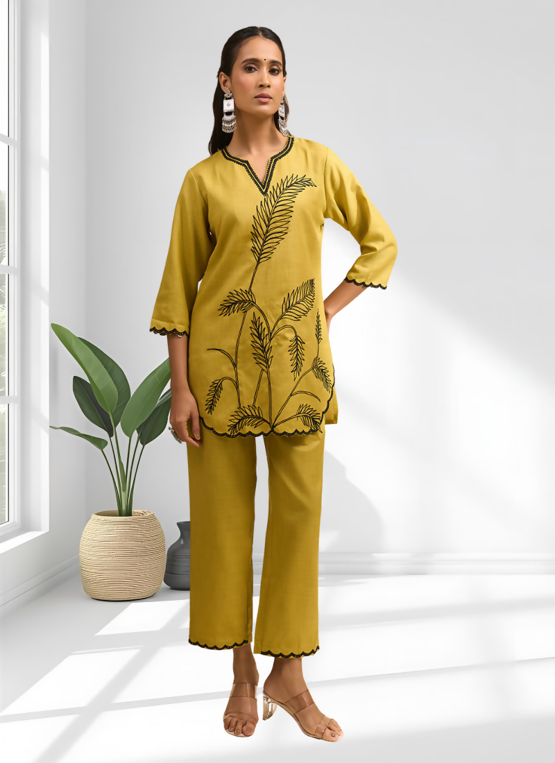 Joban Fashion Yellow Cotton, Linen Embroidered Readymade Cord Set - Distacart