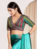 Joban Fashion Rama Green Brocade Padded Blouse With V Neck Elbow Sleeves - Distacart