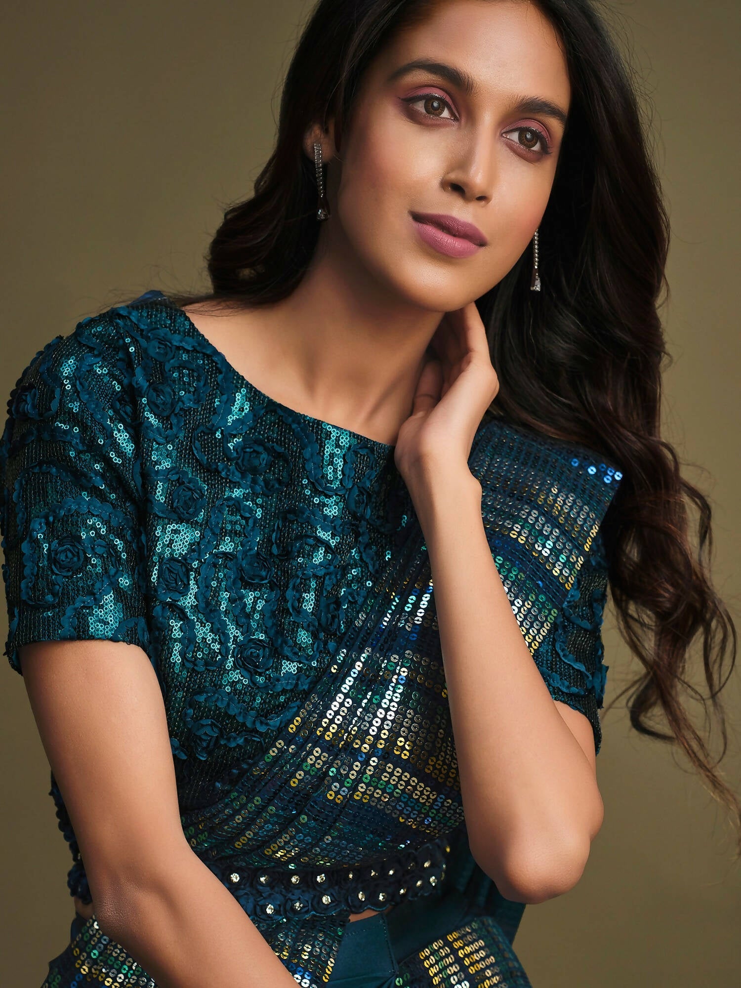 Teal Crystal Silk Sequence Embroidered Saree With Stitched Blouse - Mohmanthan La Belle