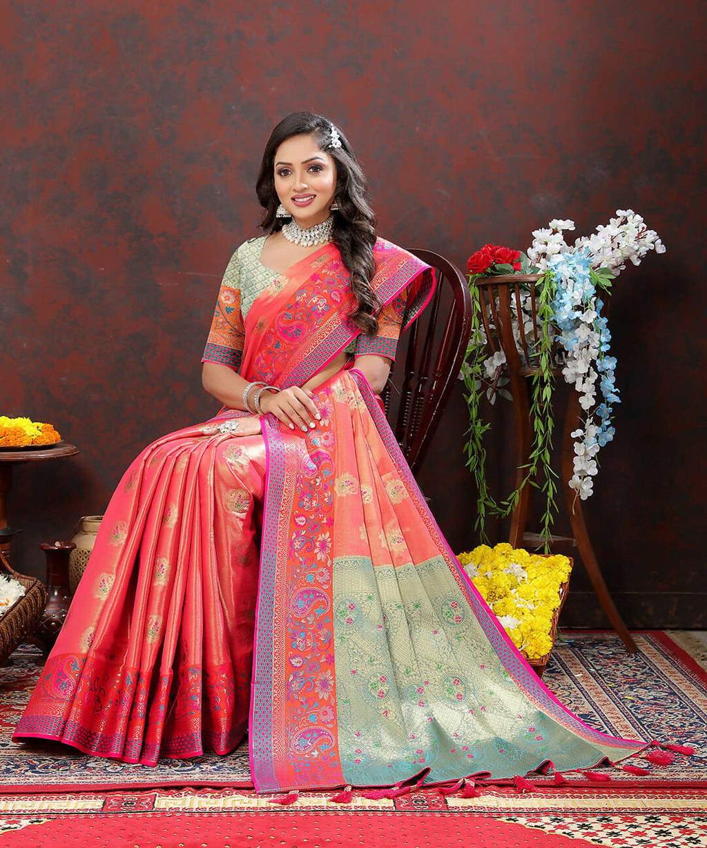 Lorenvalley Fashion Peach Kanjivaram Silk Woven Design with Zari Weaving Saree