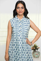 Myshka Women Blue Ethnic Motifs Cotton A-Line Mandarin Collar Dress - Distacart