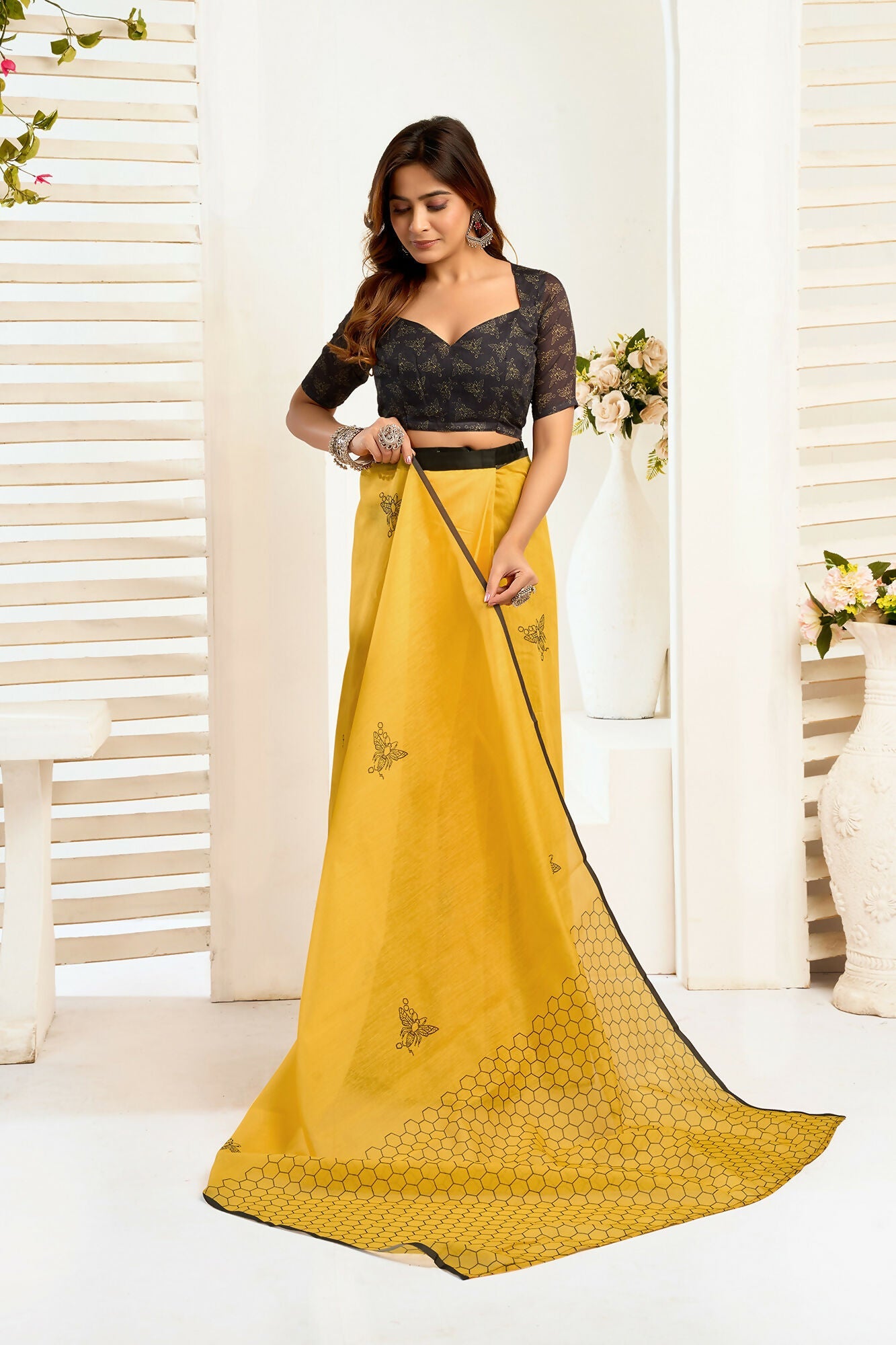 Vastranavya Mustard Digital Printed Linen Ready To Wear Designer Saree with Unstitched Blouse - Distacart