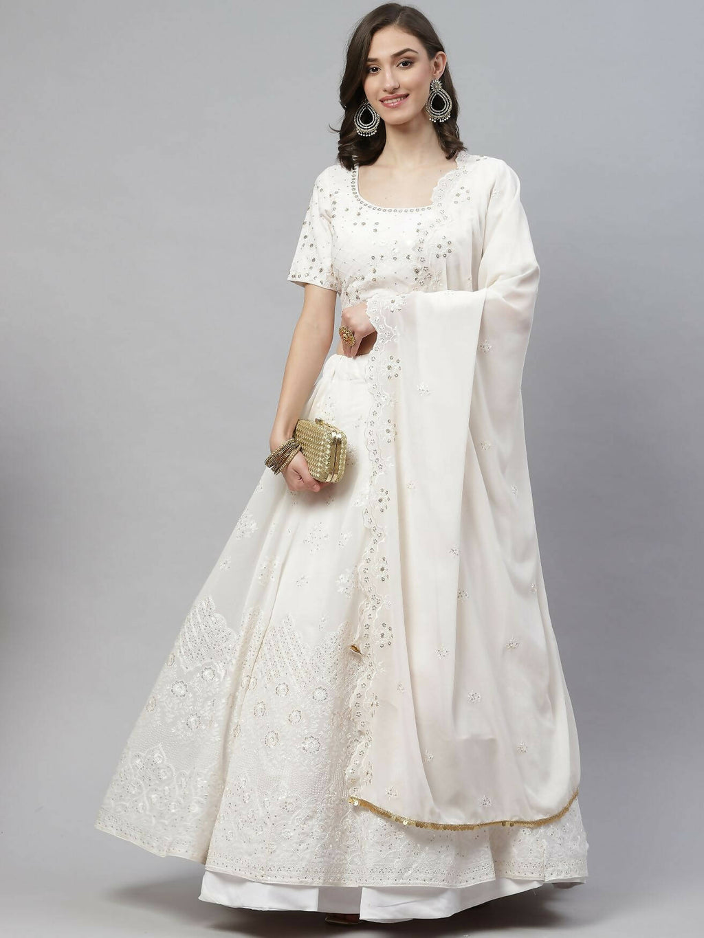 White Georgette Thread with Sequins Embroidered work Lehenga Choli with Dupatta - Jivika