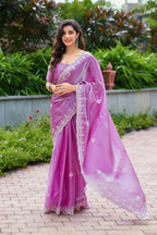 Vastranavya Light Pink Embroidery Work Shimmer Chiffon Saree with Unstitched Blouse - Distacart