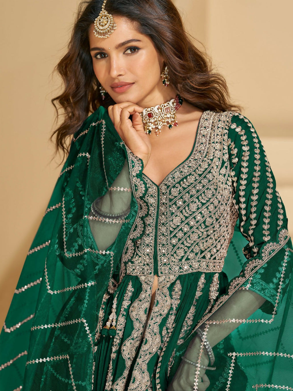 Anaita D Green Chinon Readymade Anarkali Lehenga with Heavy Embroidery Work - Distacart