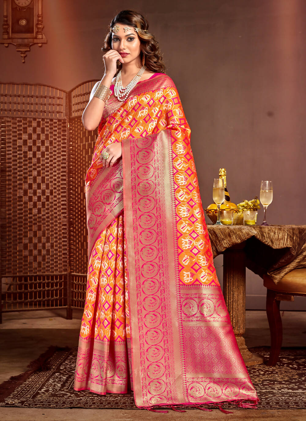 Orange Patola Silk Zari Woven Design Saree with Unstitched Blouse Piece - Aachal