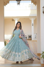Joban Fashion Sky Blue Georgette Sequence Embroidery Work Kurta Set - Distacart