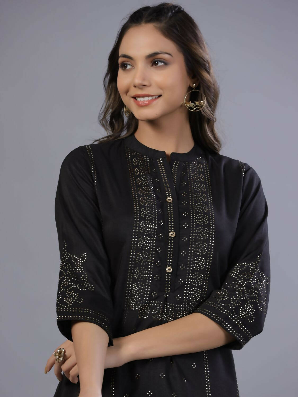 Juniper Women Black Chinon Silk Mukesh Work Straight Tunic
