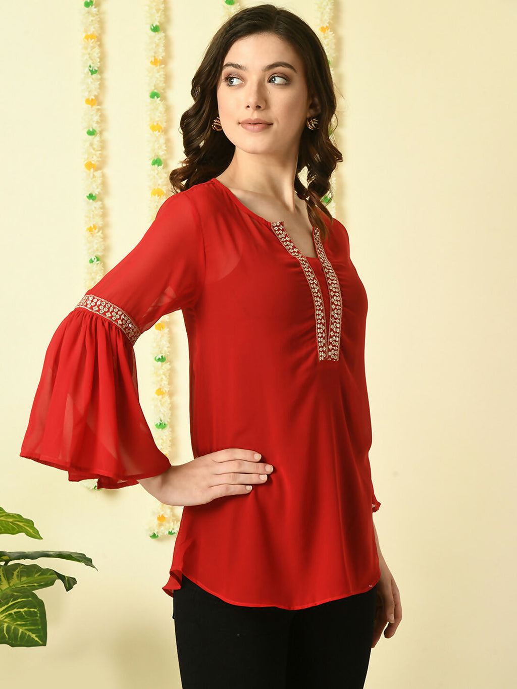 Myshka Women's Red Embroidered Party Fusion Top