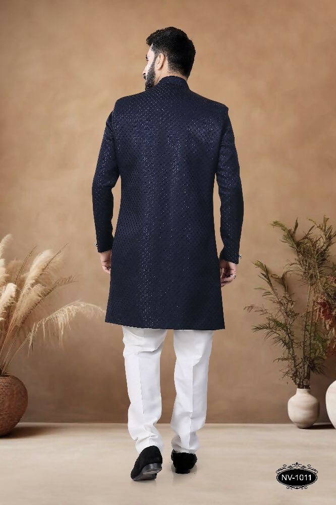 Joban Fashion Men's Blue Straight Silk Thread & Sequence Embroidery All Over Indo-Western Kurta Set