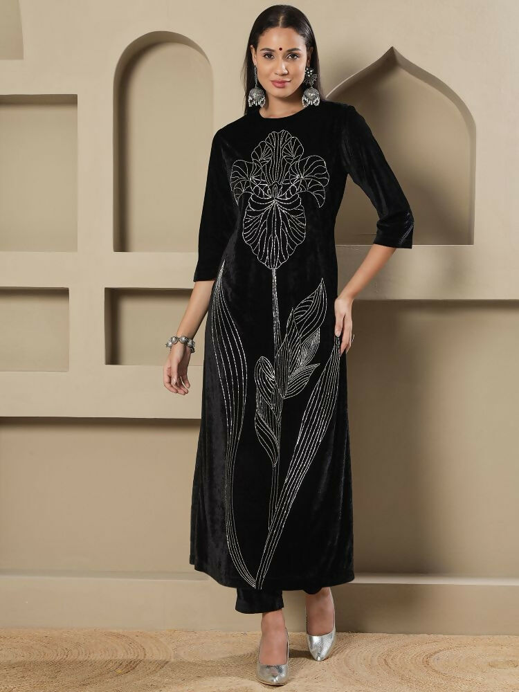 Joban Fashion Women Black Velvet Hand Embellishment Stitched Kurta Set - Distacart