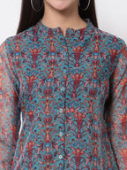 Myshka Women's Beautiful Organza Printed Printed 3/4 Sleeve Round Neck Casual Multicolor Tunic