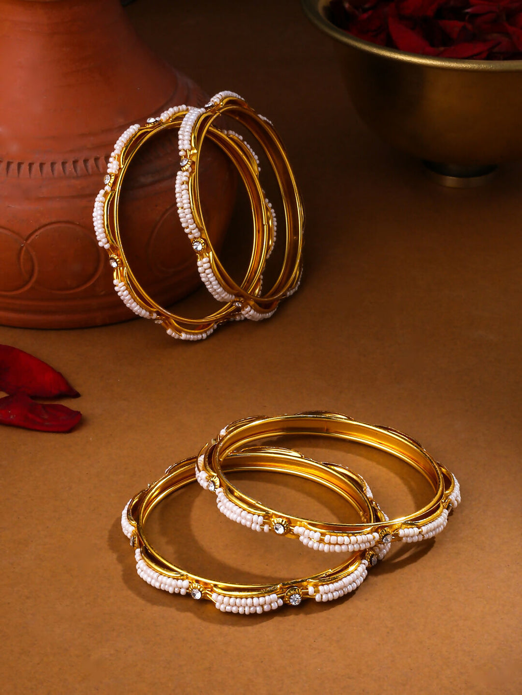 NVR Women's Set of 4 Gold-Plated Traditional Pearls Beaded Bangles - Distacart