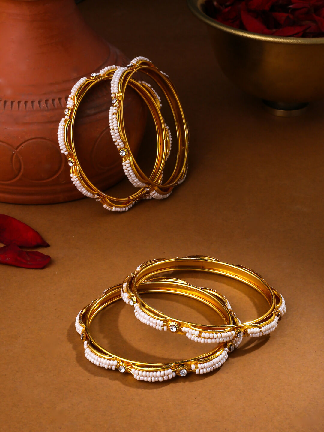 NVR Women's Set of 4 Gold-Plated Traditional Pearls Beaded Bangles - Distacart