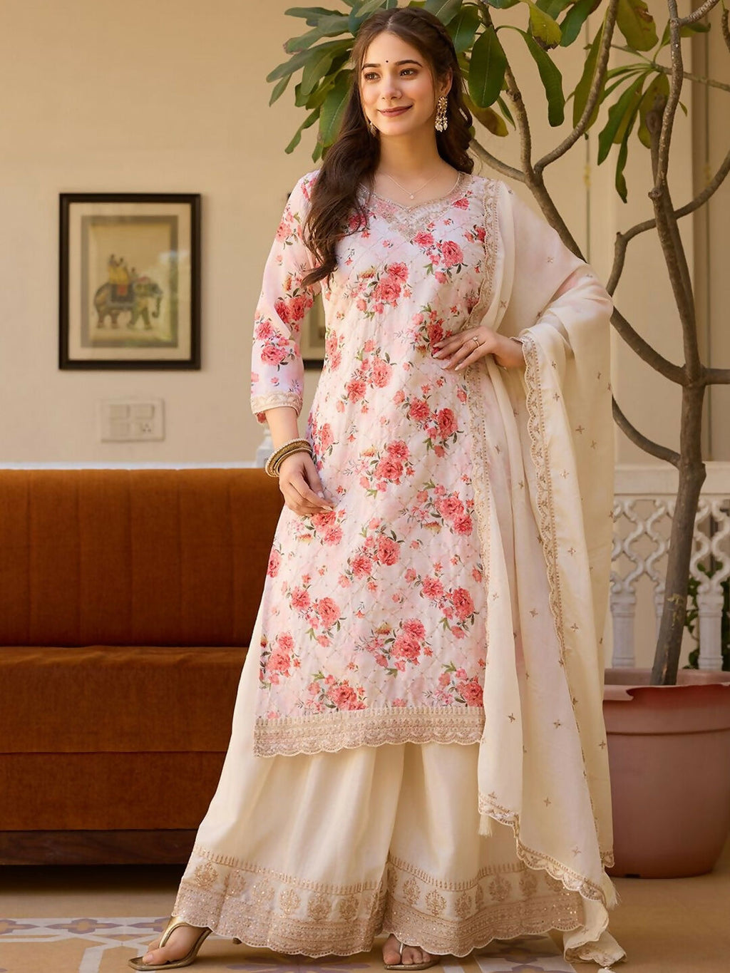 The52 White Women's Gorgeous Embroidered Chinon Fabric Straight Kurta Palazzo and Dupatta Set - Distacart