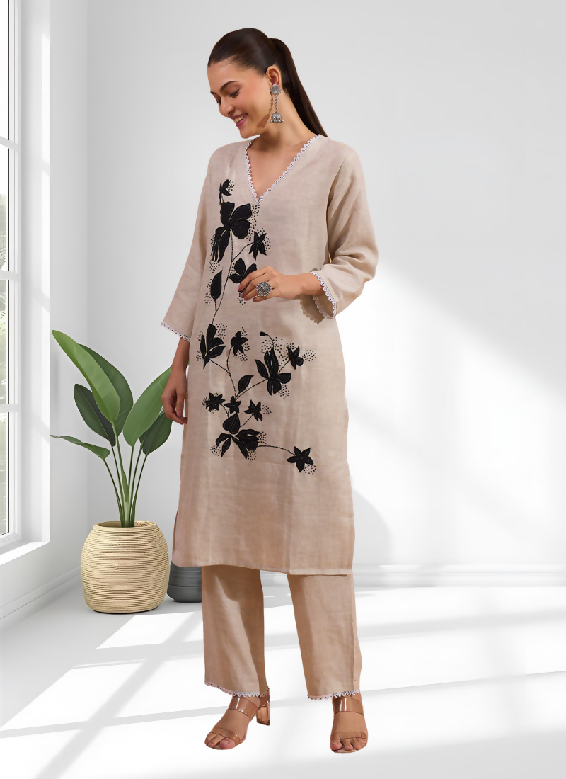 Joban Fashion Beige Linen Embroidered Readymade Long Kurta With Pant - Distacart