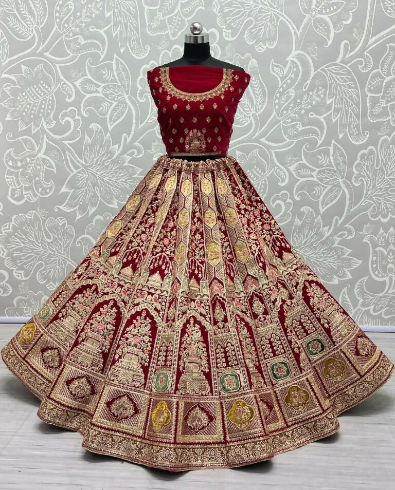 Jyoti Fashion Women's Rani Pink Velvet Dori, Multi Thread Embroidered with Diamond Work Wedding Lehenga Choli
