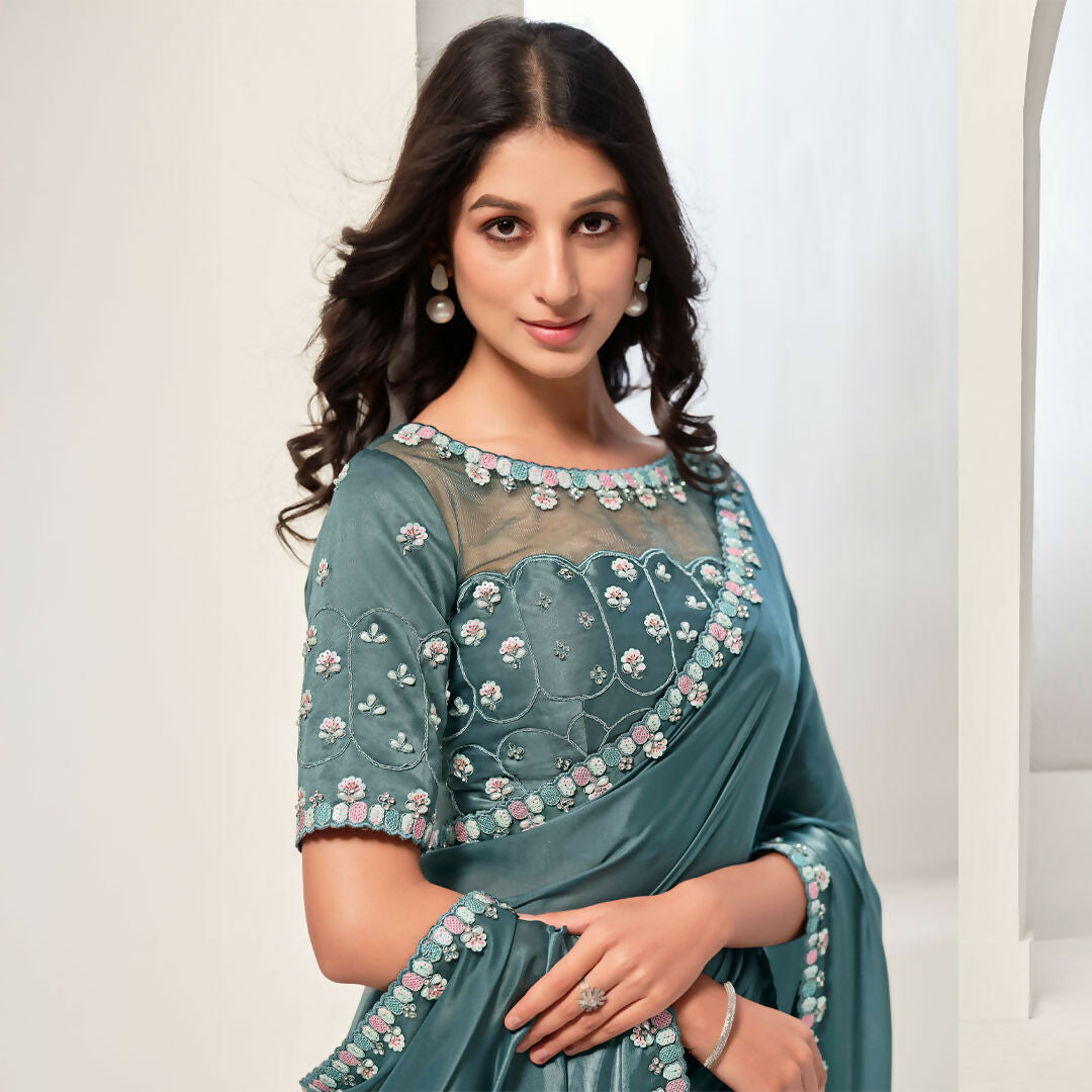 Sea Green Crepe Satin Silk Sequence & Handwork Saree With Unstitched Blouse - Norita Saanjh