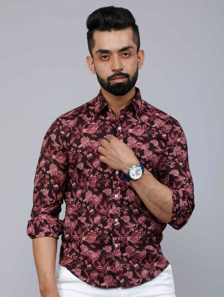 Miravan Men's Floral Slim Fit Long Sleeves Maroon Shirt