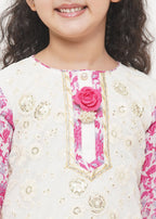 Little Bansi Girls Cotton Embroidery Kurta with Floral Sharara with Dupatta - White & Pink