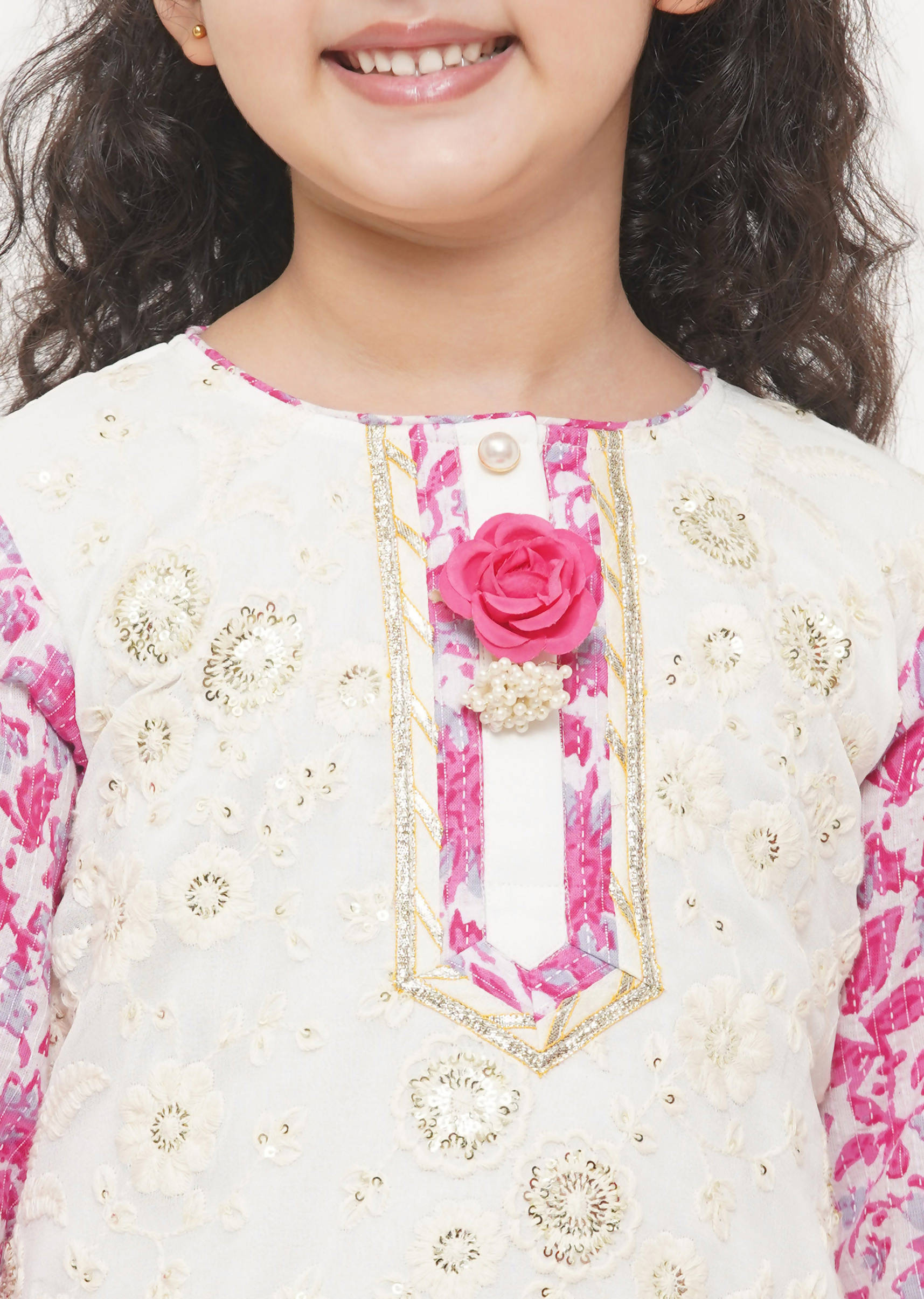 Little Bansi Girls Cotton Embroidery Kurta with Floral Sharara with Dupatta - White & Pink