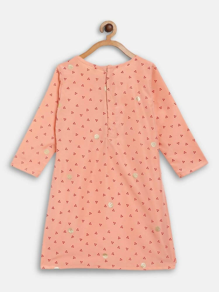 Ahalyaa Peach Crepe Gold Printed Kids Kurta Sets With Dupatta For Girls