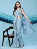 Blue Silk Satin Solid Ready to wear Saree with stitched Blouse - Satiksha