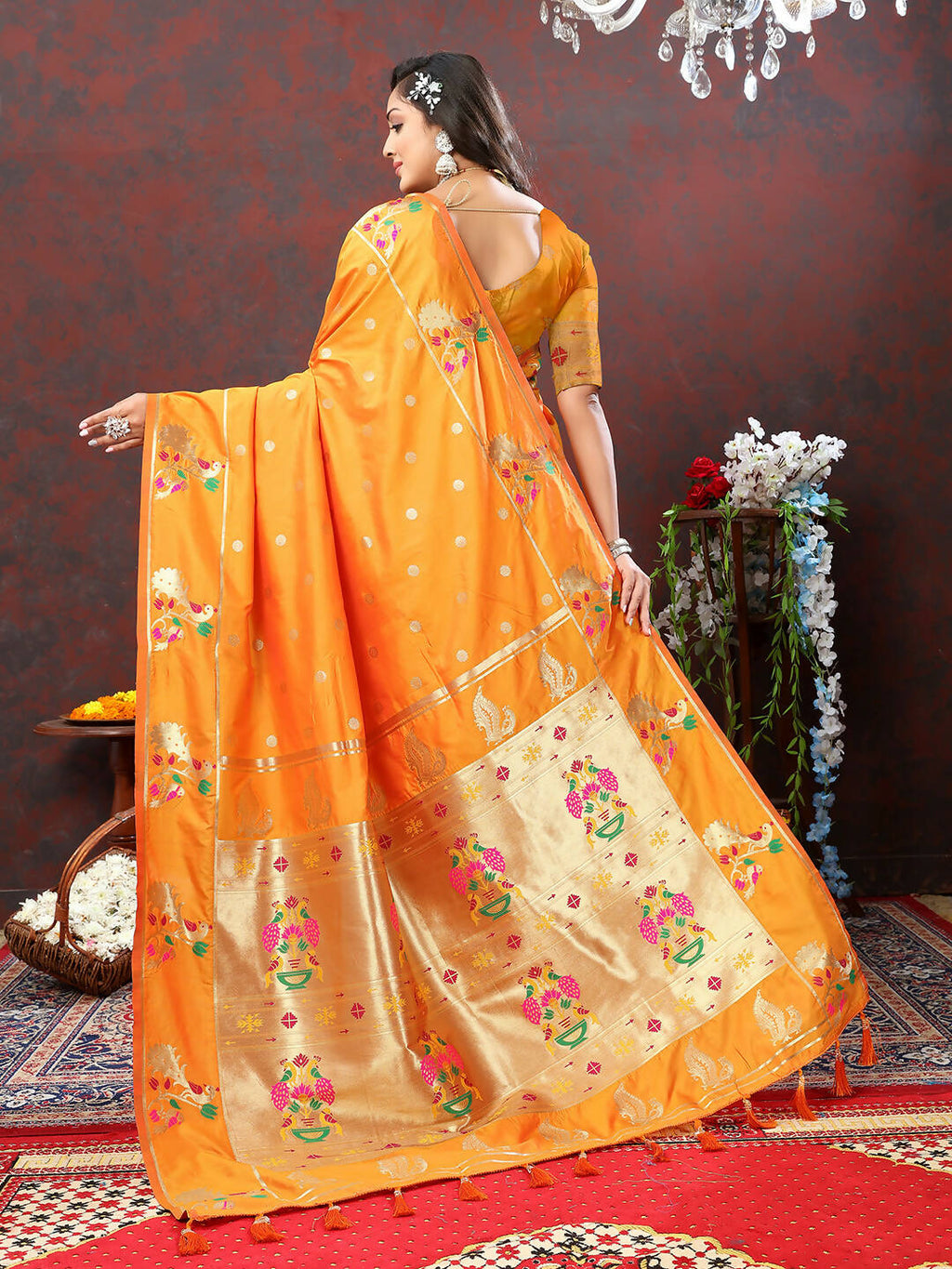 Lorenvalley Fashion Orange Soft Paithani Silk Woven Design Gold Zari Meenakari Weaving Saree