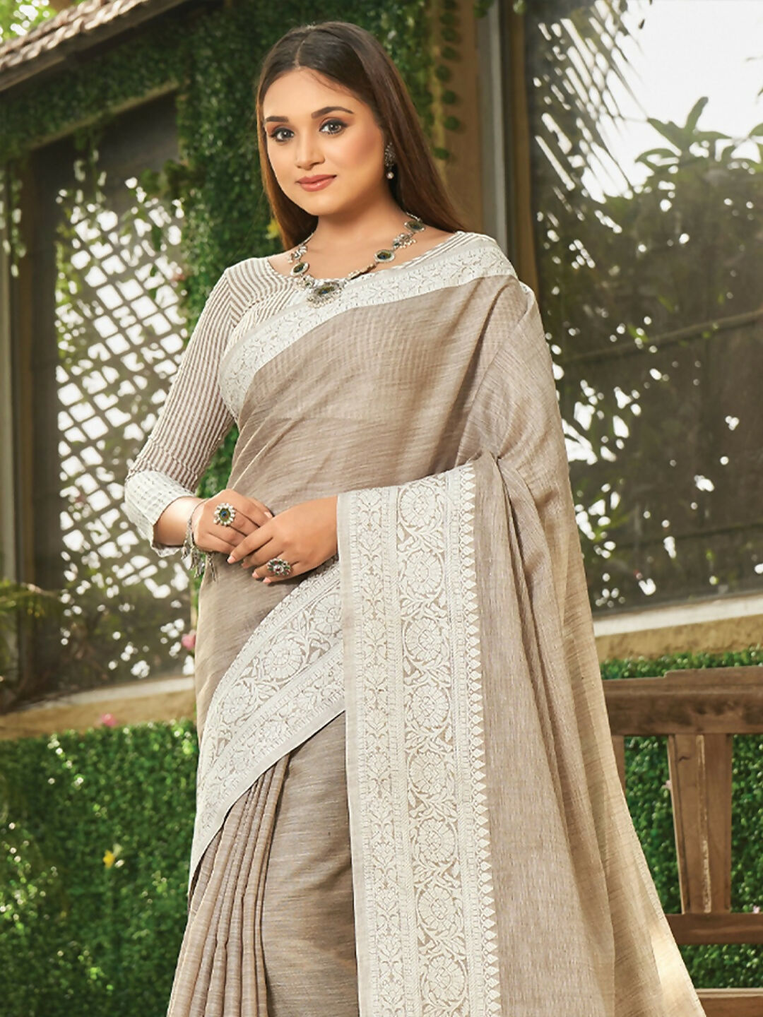 Shree Shyam Fashion Light Brown Linen Saree - Distacart