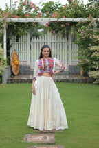 Teeya Creation White Colour Roman Silk With Gamathi Work Navratri Lehenga Choli