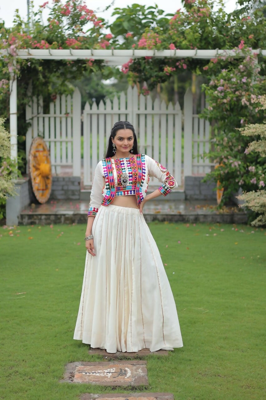 Teeya Creation White Colour Roman Silk With Gamathi Work Navratri Lehenga Choli
