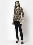 Myshka Printed 3/4 Sleeve V-Neck Casual Pure Cotton Top For Women