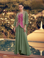 Anaita Mehendi Chinon Readymade Shrug Suit with Heavy Embroidery Work - Distacart