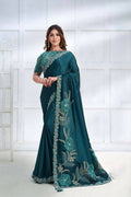 Teal Crepe satin silk Cord & Sequence Embroidered with Applique & Stone work Saree - Mohmanthan Majestica