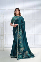Teal Crepe satin silk Cord & Sequence Embroidered with Applique & Stone work Saree - Mohmanthan Majestica