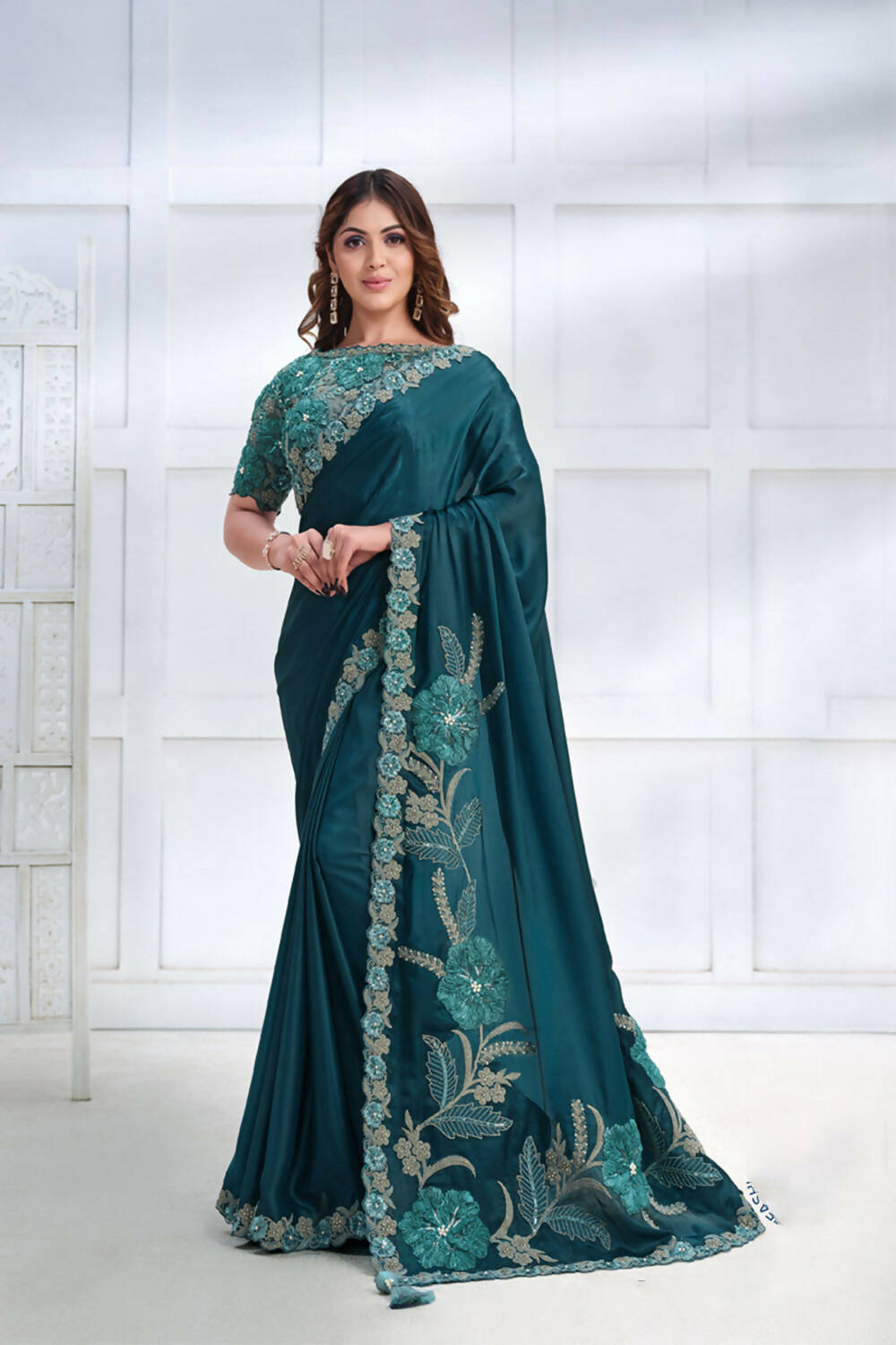 Teal Crepe satin silk Cord & Sequence Embroidered with Applique & Stone work Saree - Mohmanthan Majestica