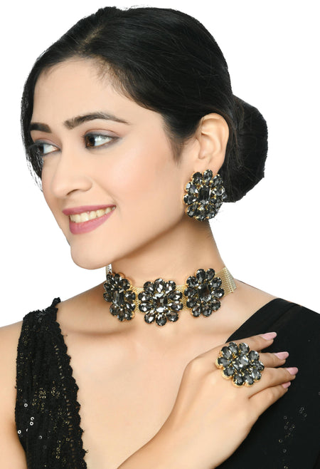 Mominos Fashion Joharkamal Gold-Polished Brass Finish Stone Choker For Women & Girls (Grey)