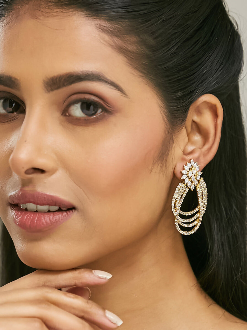 Nuyug 22K Gold-Plated Floral Motif Zircon Stone Studded Teardrop Shaped Elegant Drop Dangler Earrings - Distacart