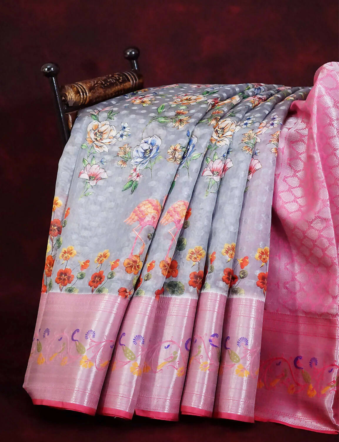 Grey And Baby Pink Colour Banaras Borders And Creeper Design Semi Silk Saree By Gayathri Reddy Designer Studio