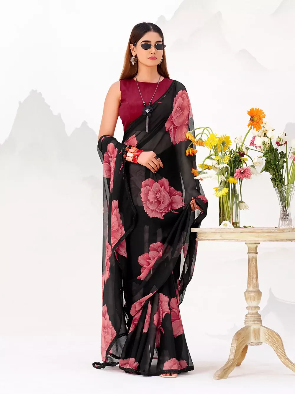 Vastranavya Black Floral Print with Lace Border work Chiffon Saree & Unstitched Blouse - Distacart