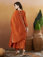 The52 Orange Women's Beautiful Vichitra Silk Fabric Embroidered Work Flared Anarkali Pant and Dupatta Set - Distacart