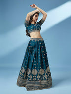 House of Panchhi Teal - Pure Georgette Embroidered Lehenga