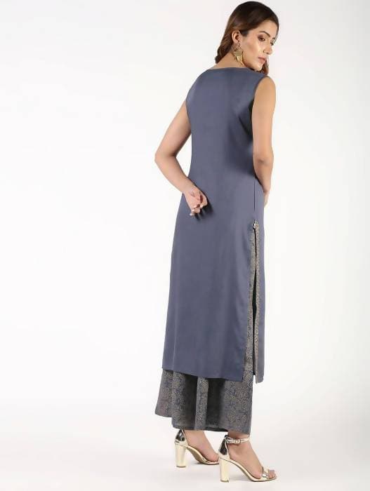 Aniyah Rayon Solid Pintucks Grey Kurta With Gold Print Palazzo Set (AN-153K)