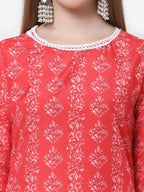 Myshka Red Color Cotton Printed Kurta With Pant Dupatta Set